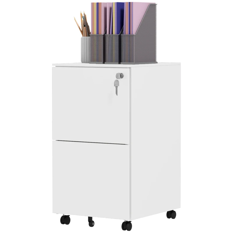 Vinsetto Vertical Steel Filing Cabinet on Wheels, 2-Drawer Lockable File Cabinet with Adjustable Hanging Bar for A4, Legal and Letter Size, White
