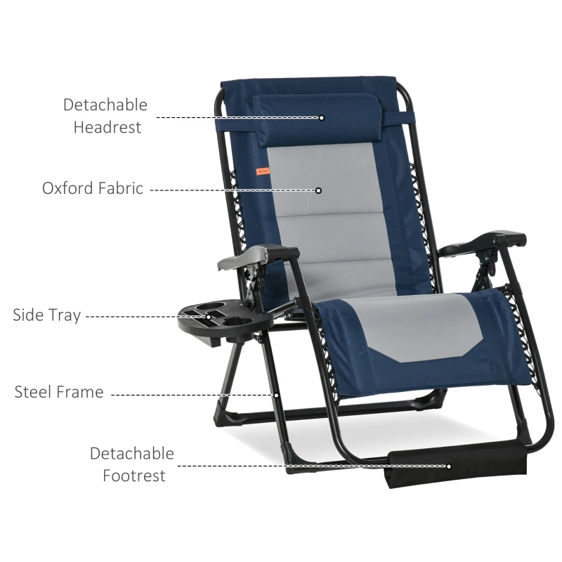 Outsunny Foldable Outdoor Lounge Chair with Footrest, Oversized Padded Zero Gravity Lounge Chair with Headrest, Side Tray, Cup Holders, Armrests for Camping, Lawn, Garden, Blue