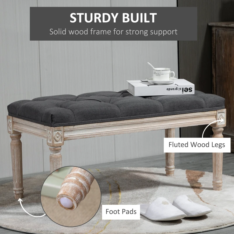 HOMCOM 32" Vintage Ottoman, Tufted Foot Stool with Upholstered Seat, Rustic Wood Legs for Bedroom, Living Room, Gray