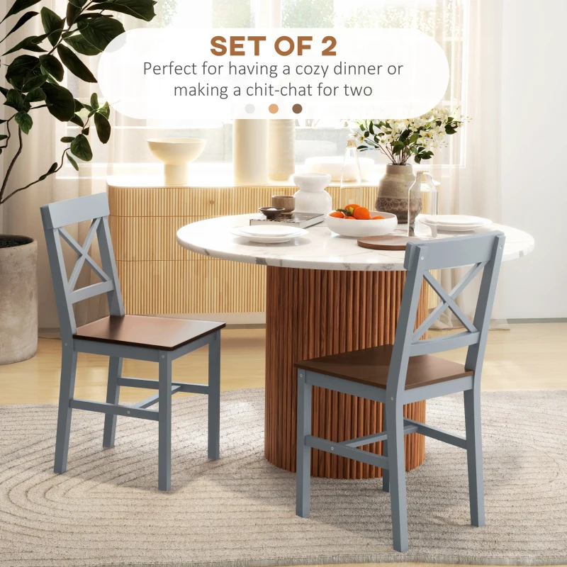 HOMCOM Farmhouse Wooden Dining Chairs Set of 2 with Cross Back, Grey