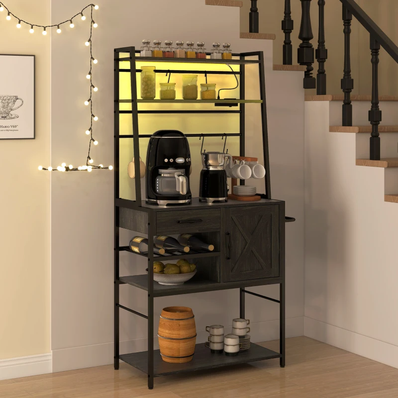 HOMCOM Industrial Kitchen Shelves with Charging Station and LED Lights, Kitchen Storage Rack with Barn Door, Distressed Gray