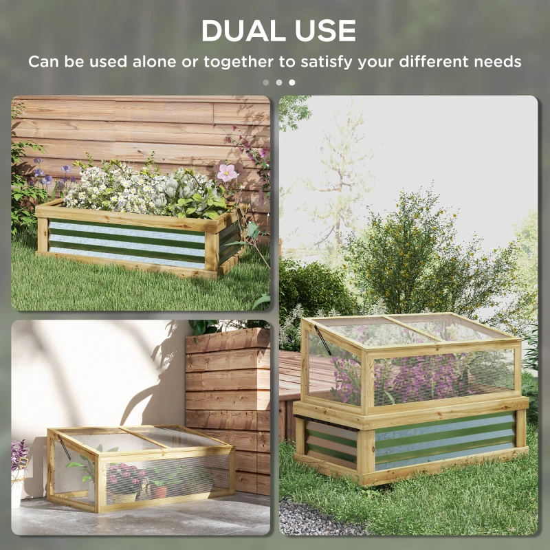 Outsunny Raised Garden Flower Bed Kit with Lean-to Greenhouse, Wooden Cold Frame Planter, 41" x 22.5" x 28.25", Natural