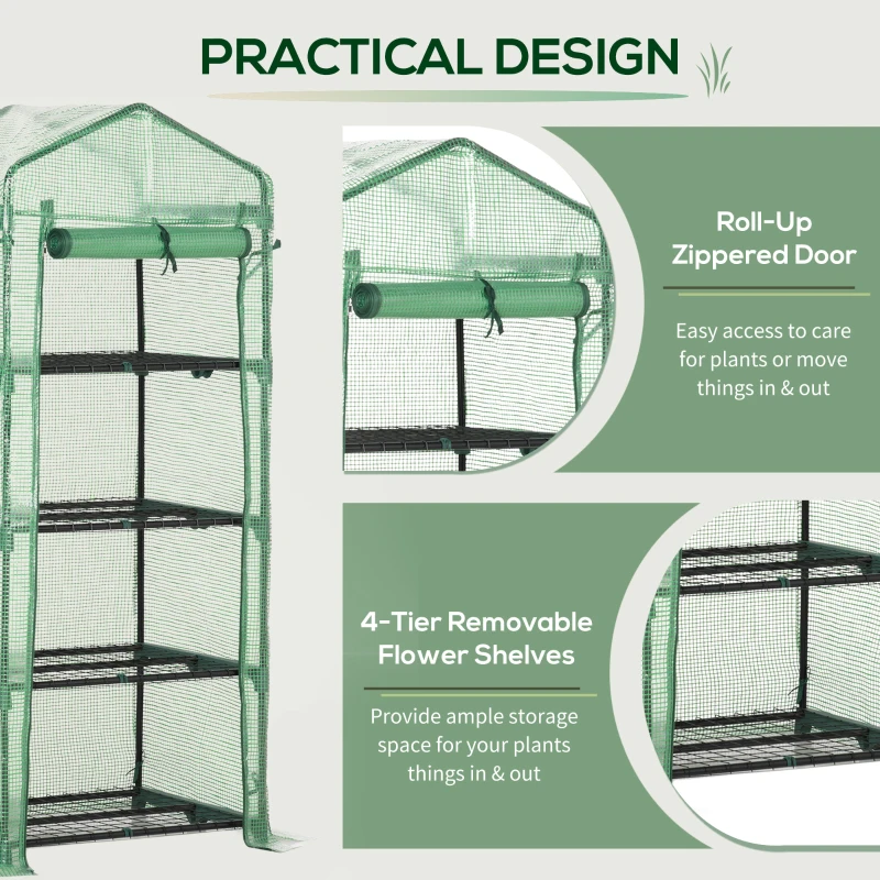 Outsunny Portable Greenhouse, Outdoor Hot House Plant Flower Greenhouse with 4 Tier Shelves, Steel Frame, PE Cover, Dark Green