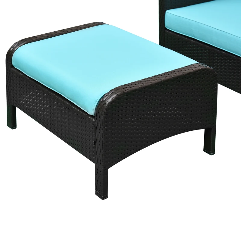 Outsunny 5 Pieces Rattan Wicker Lounge Chair Outdoor Patio Conversation Set with 2 Cushioned Chairs, 2 Ottomans and Tempered Glass Top Coffee Table, Brown/Blue