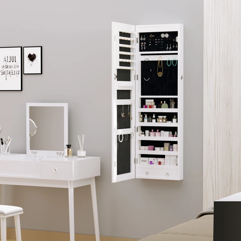 HOMCOM Mirror Jewellery Cabinet Armoire with LED Lights and 2 Keys, Wall Door Mounted Jewellery Organizer, Lockable Full-length Mirror, Wood Grain Grey