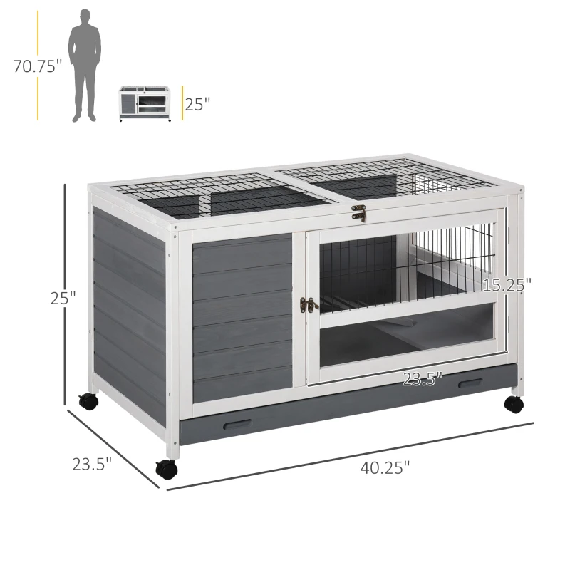 PawHut Wooden Rabbit Hutch Pet House Elevated Bunny Cage Small Animal Habitat with Slide-out Tray Lockable Door Openable Top for Indoor 40.25" x 23.5" x 25" Grey