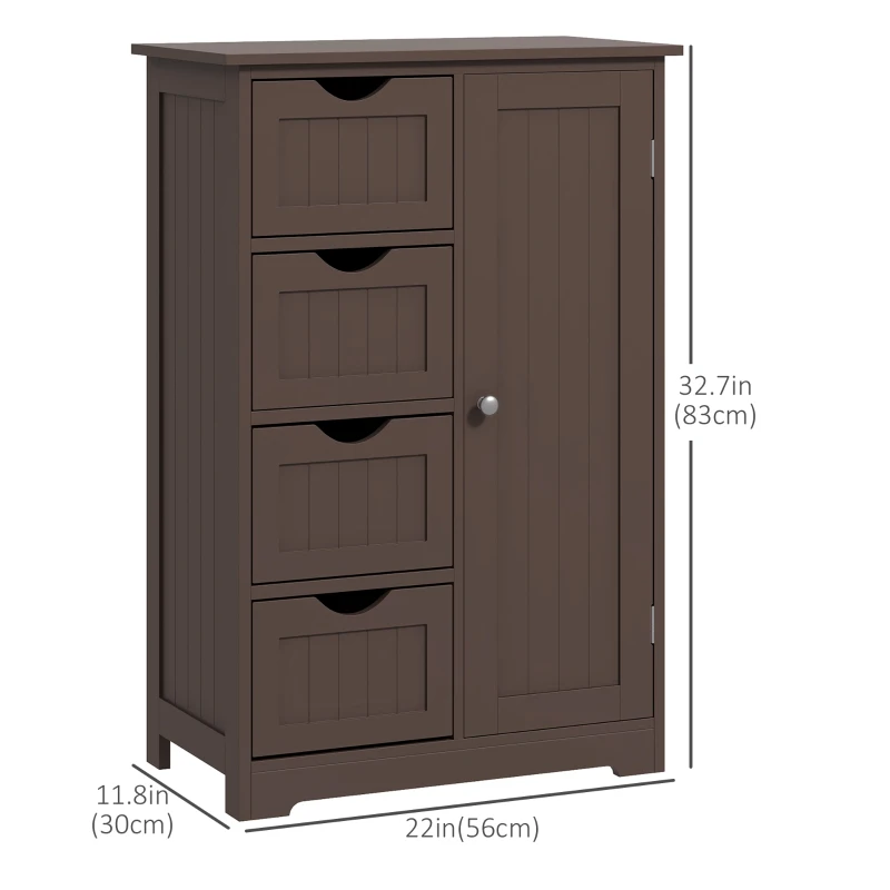 kleankin Bathroom Storage Cabinet, Floor Cabinet with Adjustable Shelf and 4 Drawers, Side Cabinet for Washroom, Brown