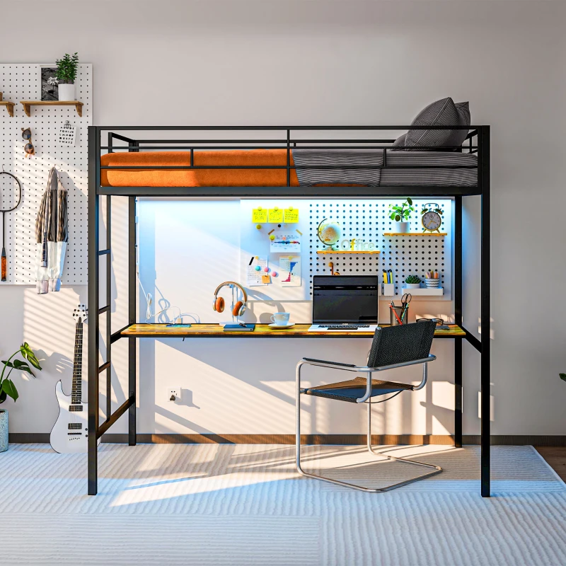HOMCOM Twin Size Loft Bed with Desk, LED Lights, Charging Station, Twin Metal Loft Bed Frame with Ladder, Black
