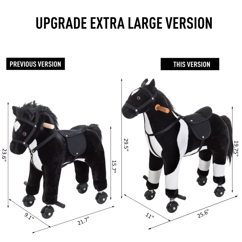 Qaba Kids Plush Ride On Toy Walking Horse with Wheels and Realistic Sounds, 30"H, Black