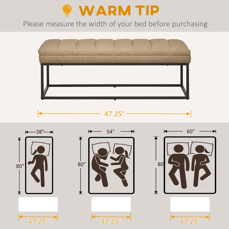HOMCOM Upholstered Bedroom Bench, End of Bed Bench, Ottoman with Steel Legs, 47.25" x 13.5" x 15.75", Brown