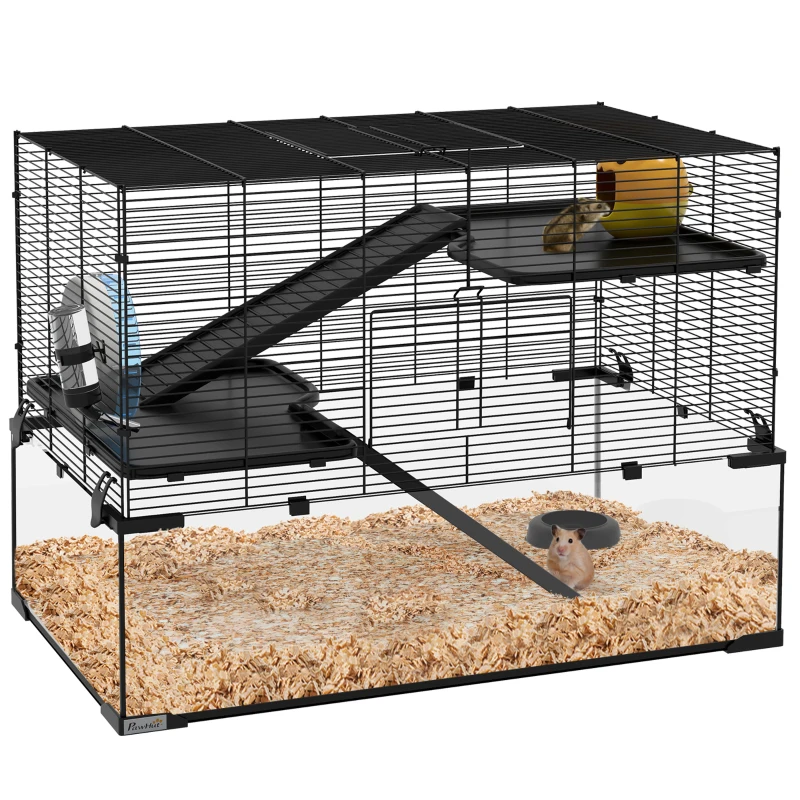 PawHut Hamster Cage, Gerbil Cage with Glass Basin for Small Hamsters, Black