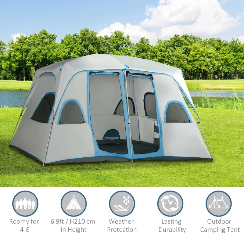 Outsunny 4-8 Person Family Tent, Camping Tent with 2 Room Mesh Windows, Easy Set Up for Outdoor, Grey