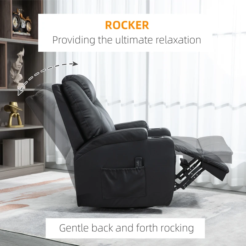 HOMCOM Massage Recliner Chair, Swivel Nursery Rocker Chair, Manual Reclining Sofa with 8 Vibration Points, PU Leather, Cup Holders, Side Pockets, for Living Room, Black