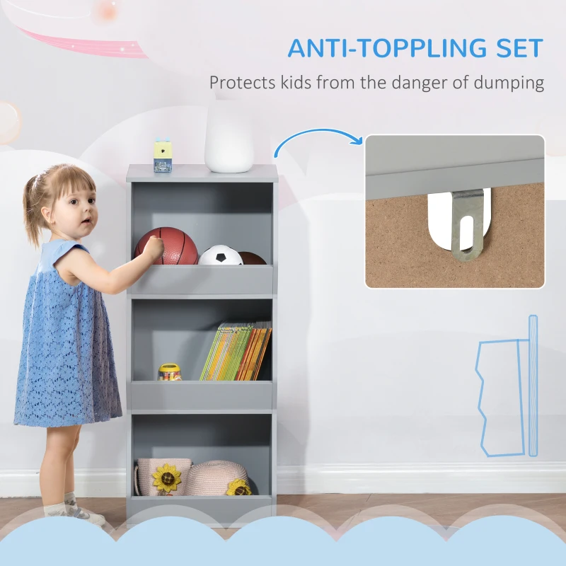 HOMCOM Kids Storage Cabinet with 3 Shelves, Anti-toppling Toy Storage Organizer for Play Room, Bedroom, Grey