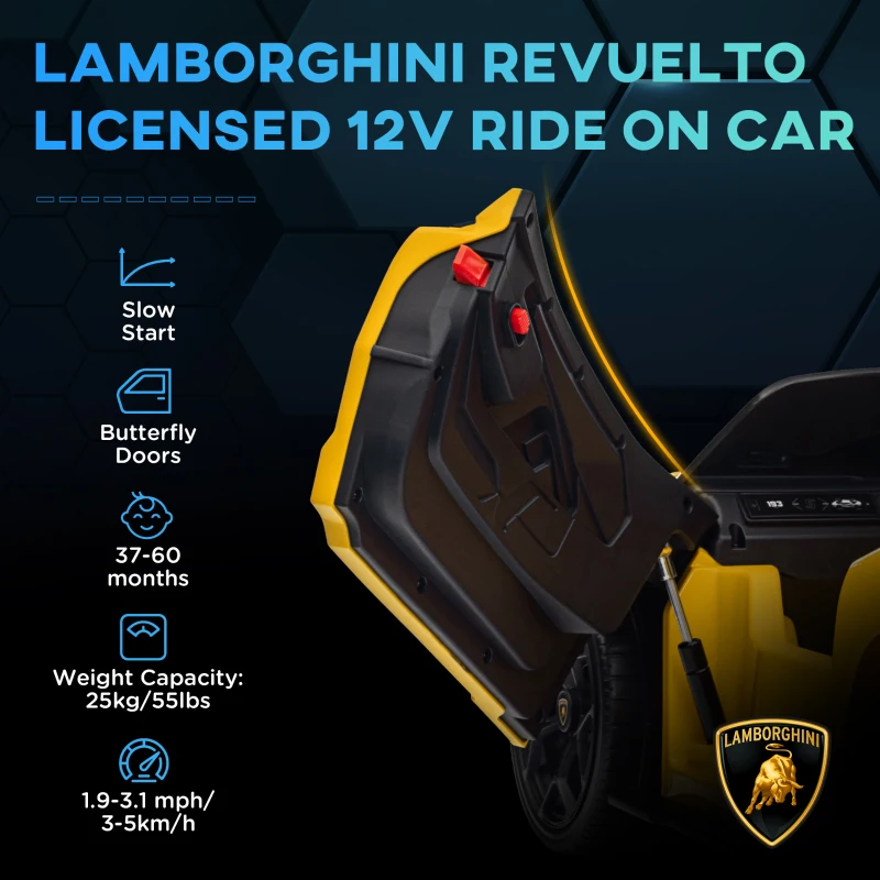 Qaba Lamborghini Revuelto Licensed 12V Kids Ride on Car Electric Car w/ Hydraulic Doors, Remote, Transport Wheels, Yellow