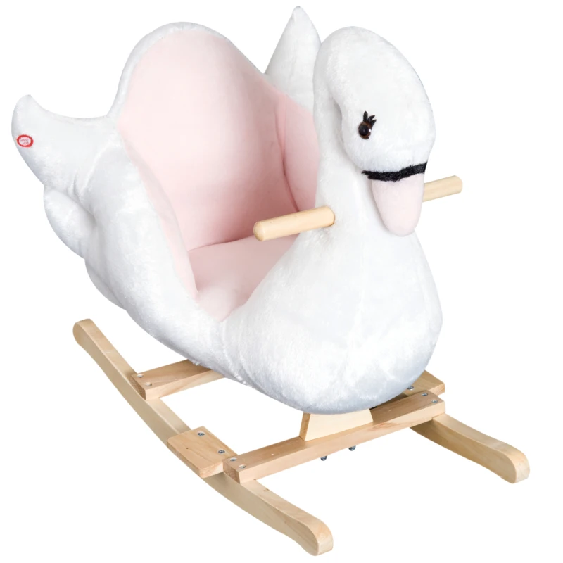 Qaba Kids Ride On Rocking Horse Plush Swan Style Toy with Music for Over 18 Months Children, White and Pink