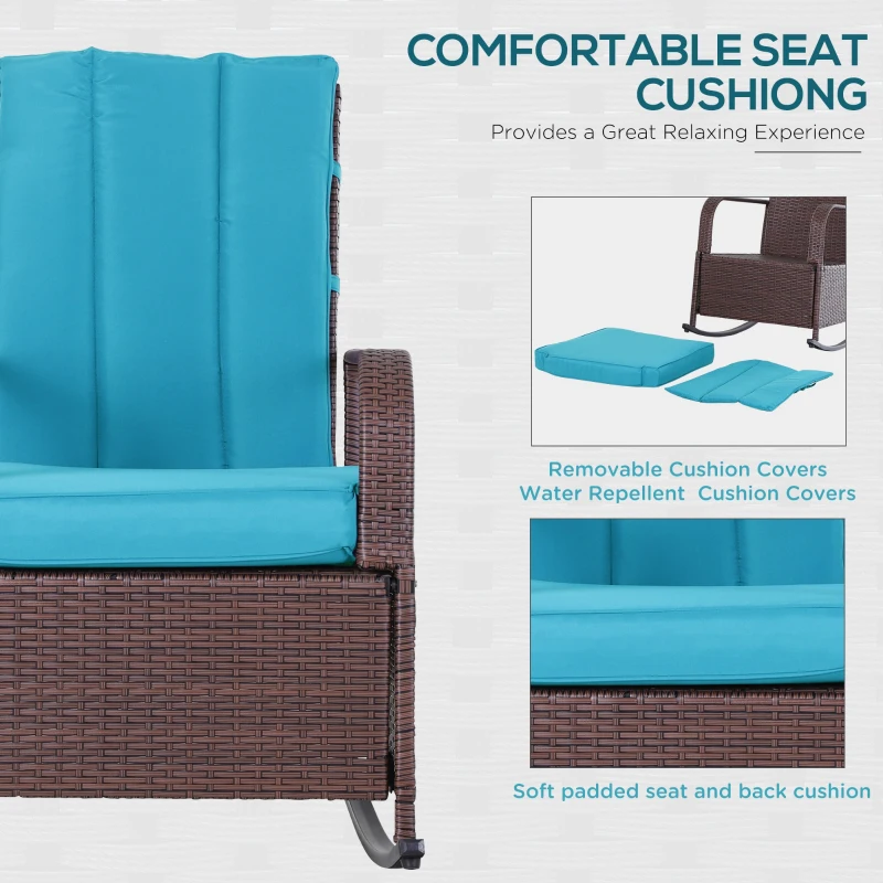 Outsunny Outdoor Wicker Rocking Chair Patio PE Rattan Recliner Chair with Cushion, Adjustable Footrest, Armrests, Turquoise