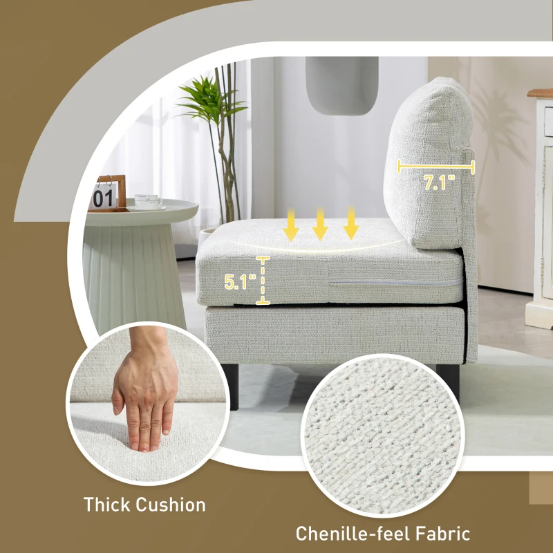 HOMCOM Middle Module for Modular Sectional Sofa, Upholstered Armless Chair with Wood Legs and Pocket Spring, Cream White