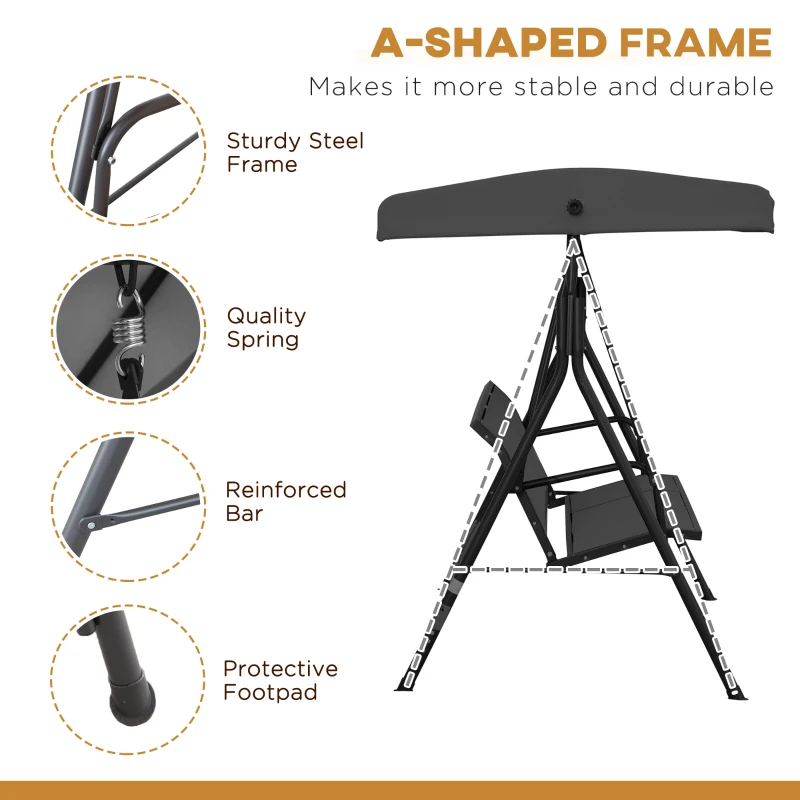 Outsunny 3-Seater Swing Chair Covered Garden Hammock A-Frame Outdoor Porch Glider Sling Seat with Adjustable Canopy Cover, Black