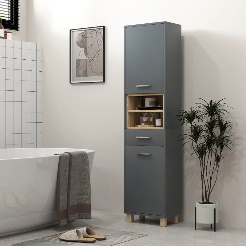 HOMCOM Tall Bathroom Storage Cabinet, Freestanding Bathroom Cabinet with Open Compartments, Double Doors and Drawer