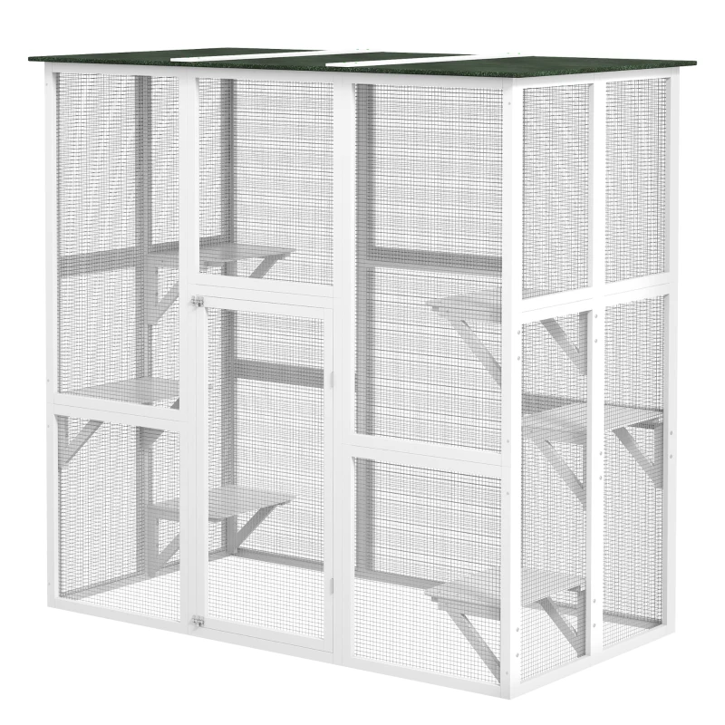 PawHut Large Outdoor Catio Enclosure, Wooden Cat Patio with 6 Balanced Platforms and Asphalt Roof, 70.9" x 38.6" x 70.9", White