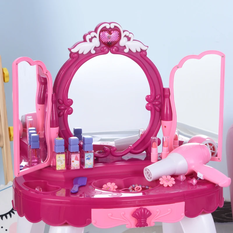 Qaba Children Dressing Table Set Girls Pretend Princess Vanity Table Chair with Music and Lightening Cosmetic Mirror Hair Dryer Nail Polish Necklace Bracelet