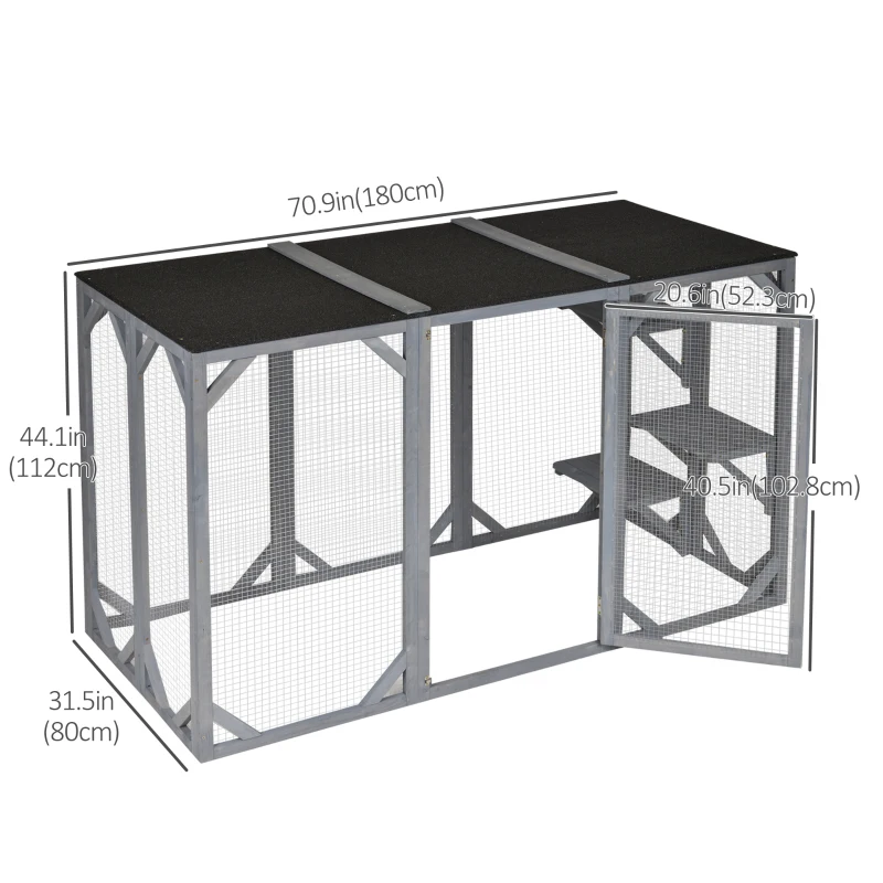 PawHut 44.1" H Cat Cage, Indoor Outdoor Wooden Enclosure Pet House, Small Animal Cage Hutch, Suitable for Rabbit, Dogs, Kitten, Crate Kennel with Waterproof Roof, Multi-Level Platforms, Lock, Grey