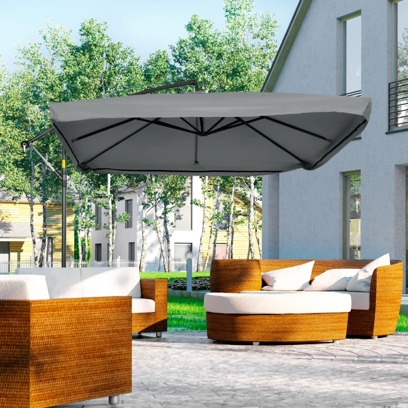 Outsunny Offset Patio Umbrella with Net and Umbrella Base, Adjustable Cantilever Canopy with Cross Base, Weight Plates and 8 Ribs for Backyard, Poolside, Garden, Dark Grey