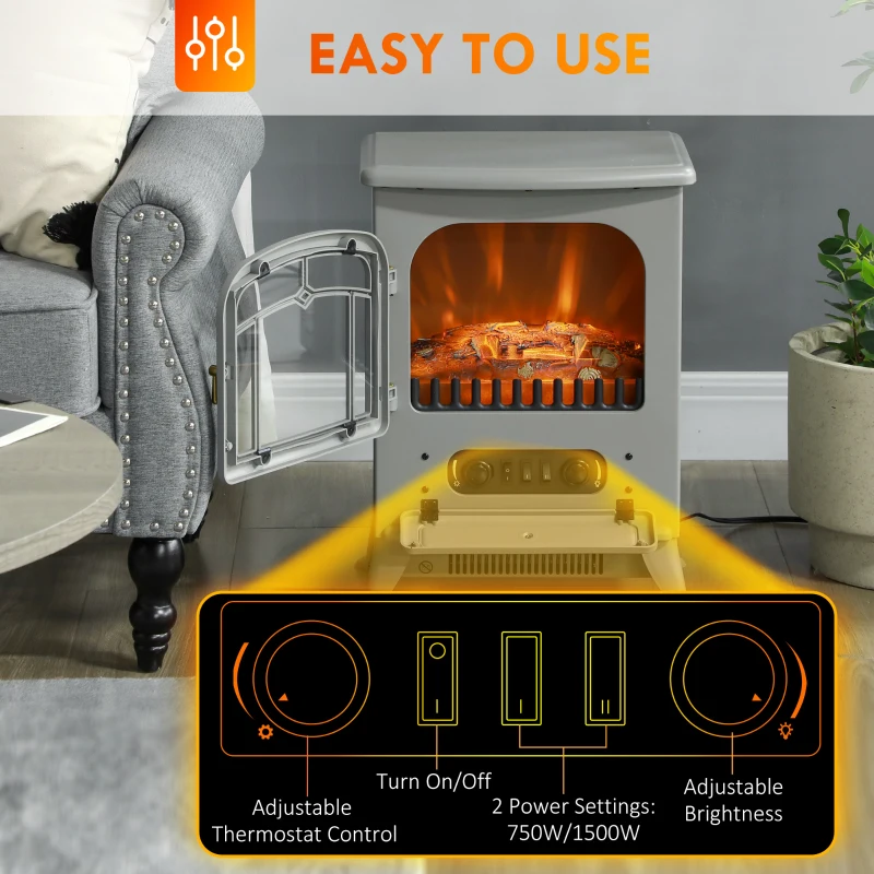 HOMCOM Fireplace Stove, Electric Fireplace Heater with Realistic LED Flames and Logs, 725W/1450W, Gray