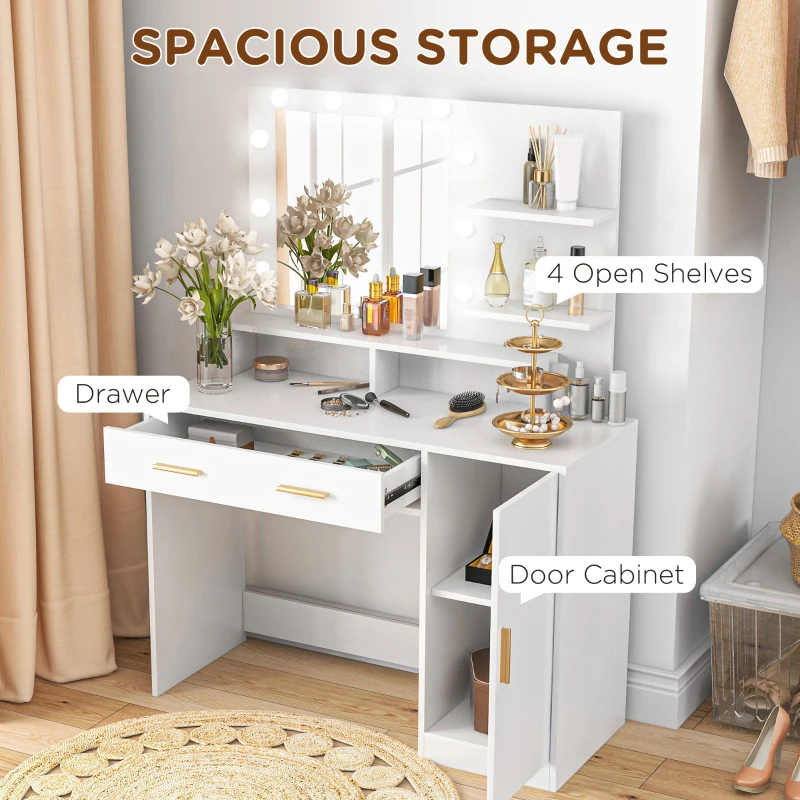 HOMCOM Illuminated Dressing Table Set, LED Vanity Table Set with Stool, LED Mirror, Drawer and Cabinet Shelves for Bedroom