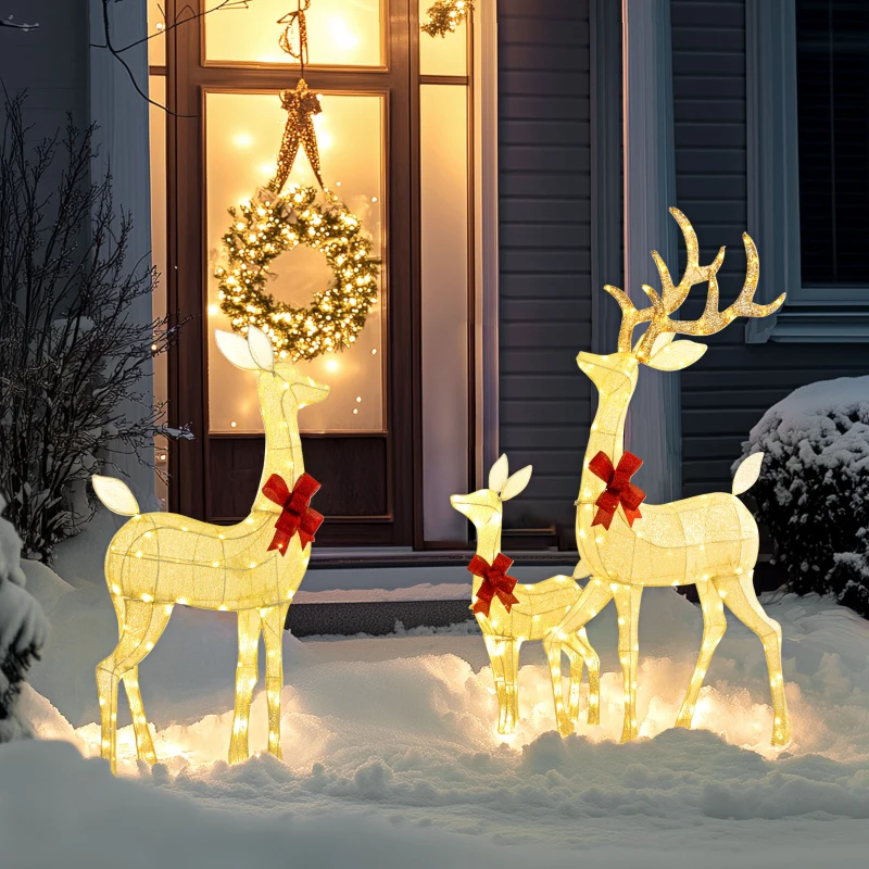 Outsunny Lighted Reindeer Christmas Decorations, 3-Piece Light Up Christmas Deer Family Set with 2 Modes for Outdoor, Silver