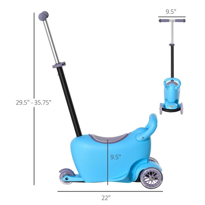 Qaba 3-in-1 Kids Scooter Sliding Walker Push Car 3 Wheels Height Adjustable with Removable Storage Seat Ride on Toy for 2-6 years Light Blue