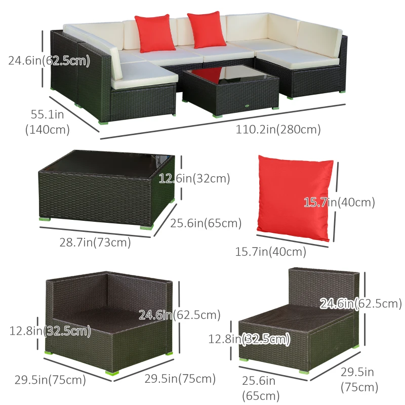 Outsunny 7 Pieces Patio Furniture Set, Rattan Outdoor Conversation Set, Garden Wicker Sofa Set, Ivory