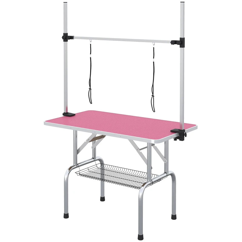 PawHut Adjustable Dog Grooming Table with 2 Safety Slings, Storage Basket, Pink