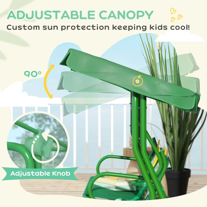 Qaba Kids Patio Swing Chair with Adjustable Canopy, Safety Belt for Patio, Garden, Poolside, Balcony, Dark Green