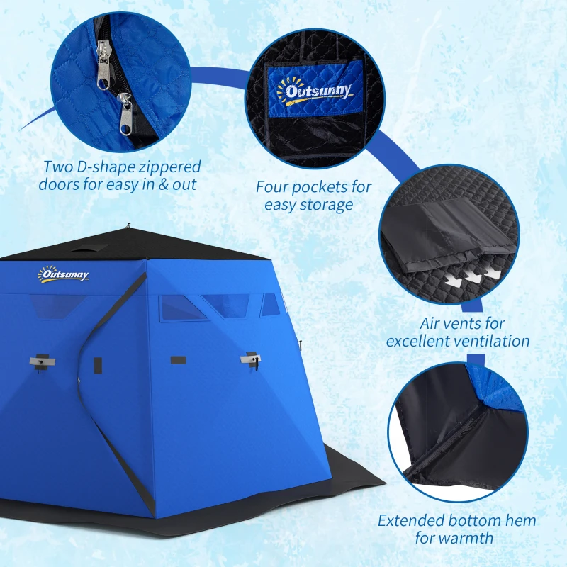 Outsunny 4 Person Insulated Ice Fishing Shelter, Pop-Up Portable Ice Fishing Tent with Carry Bag and Two Doors for -22℉, Blue