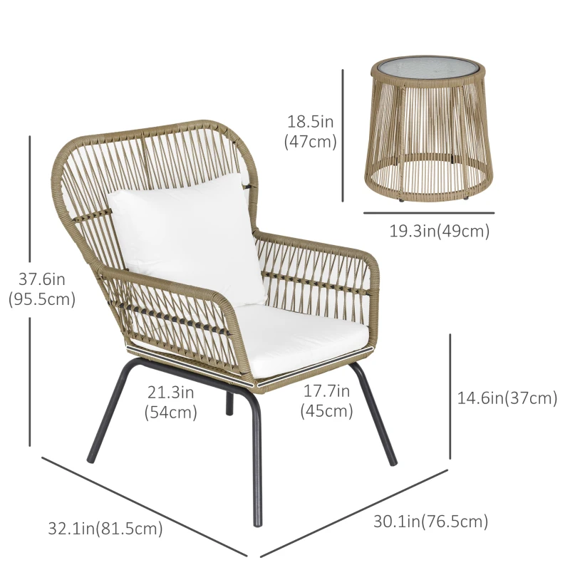 Outsunny 3 Pieces Wicker Patio Furniture Set, Rattan Bistro Set with Coffee Table and Cushions, Outdoor Conversation Set for Garden, Porch, Balcony, Coffee and White