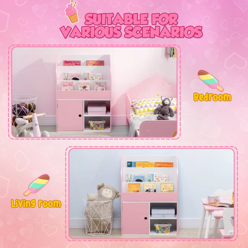 Qaba Toy Storage Organizer, Kids Bookshelf, Freestanding Children Bookcase with Cabinet for Toys Clothes Books, Pink