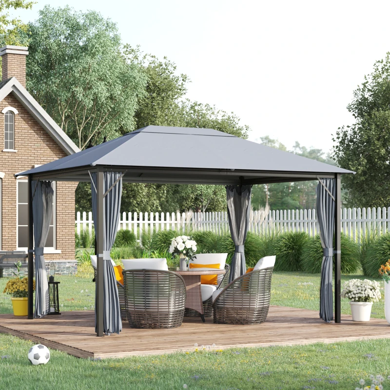 Outsunny 10' x 13' Patio Gazebo, Aluminum Frame, Outdoor Gazebo Canopy Shelter with Netting & Curtains, Garden, Lawn, Backyard and Deck, Gray