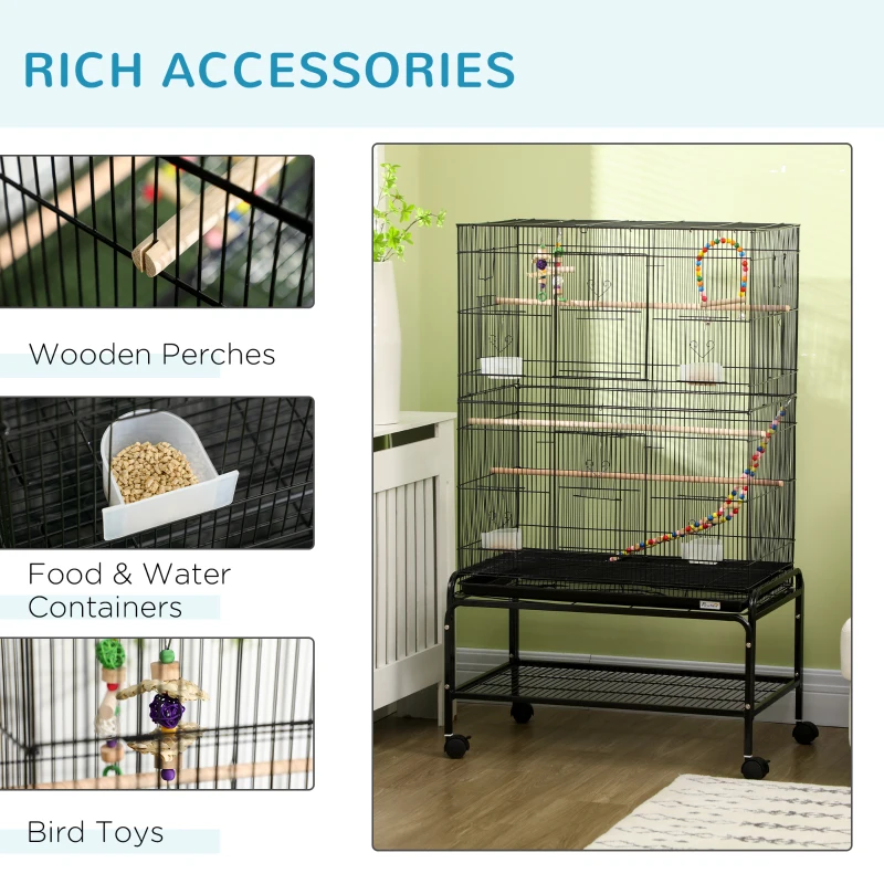 PawHut 52" Bird Cage with Rolling Stand, Toys, for Budgies Canaries Black