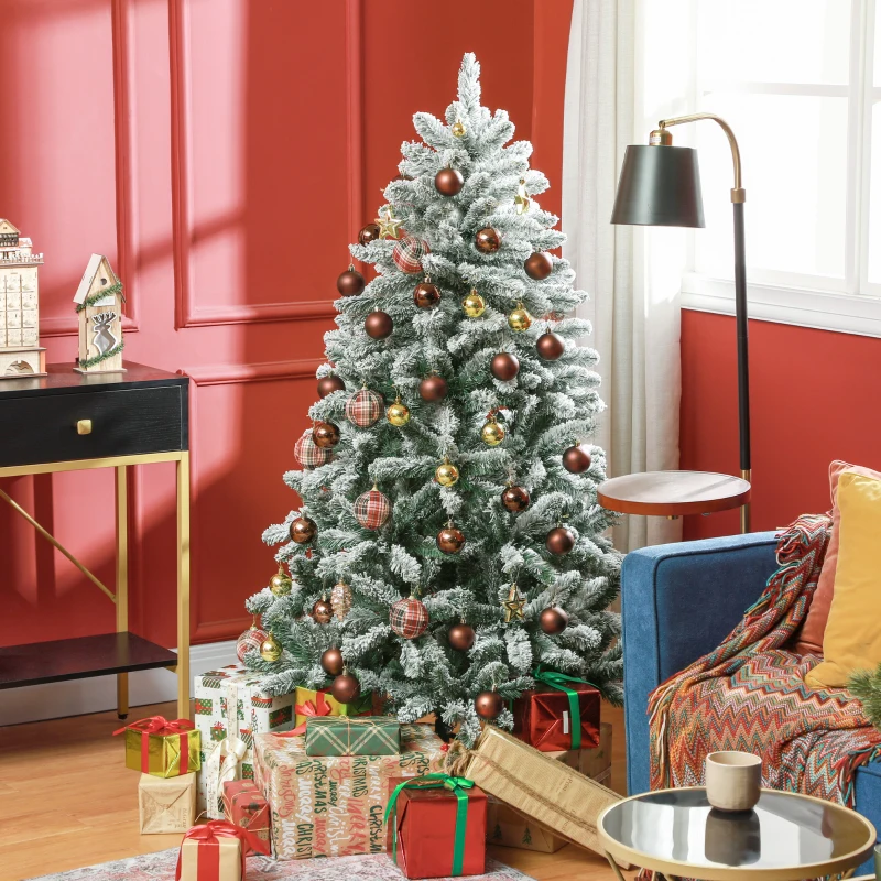 HOMCOM 5 Foot Artificial Flocked Christmas Tree with Snow, Metal Stand, Hinged Xmas Tree for Home Office Holiday