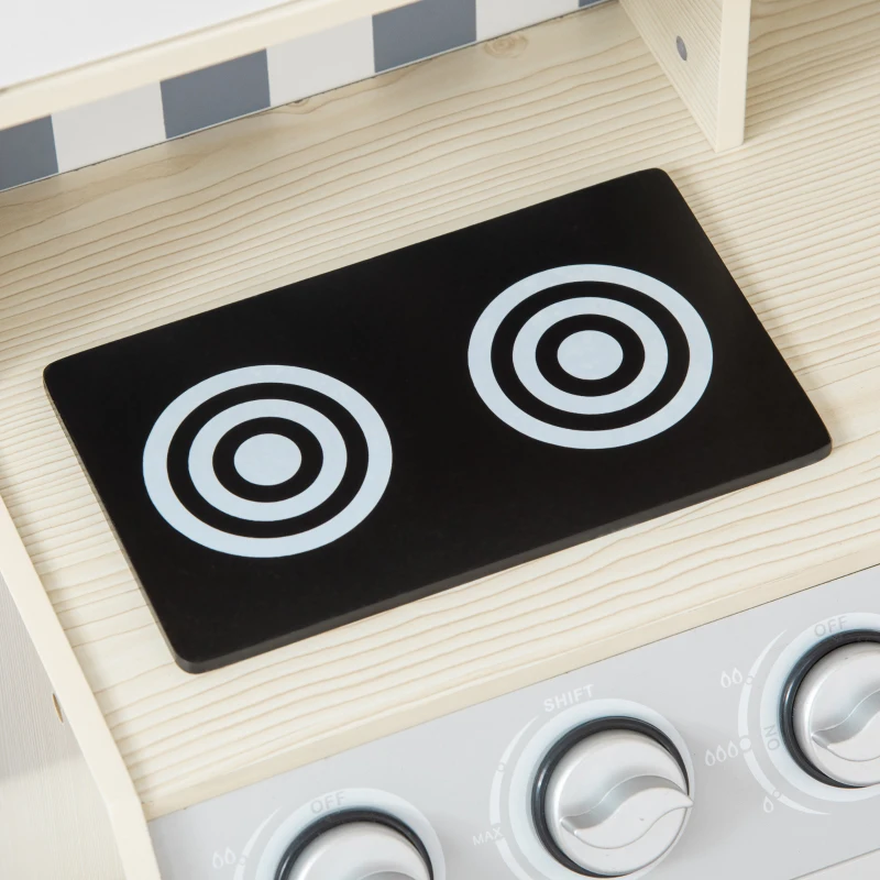 Qaba Kids Wooden Play Kitchen Set, Pretend Cooking Toy with Drawers, Faucet, Sink, Pots, Natural Wood