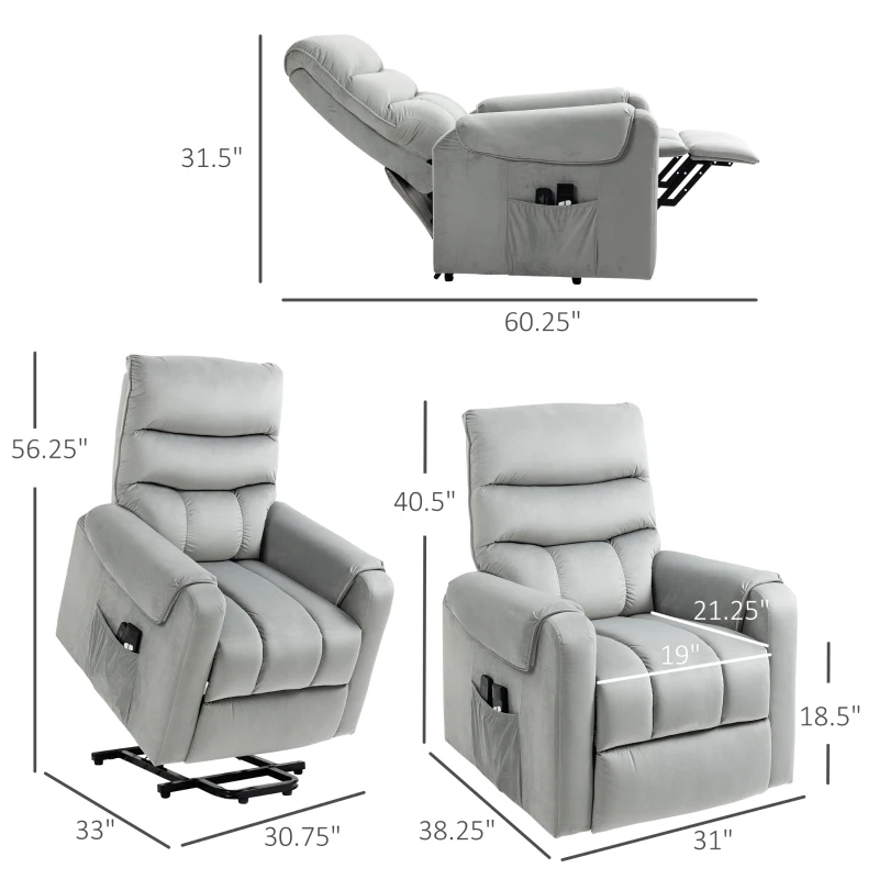 HOMCOM Power Lift Chair, Velvet Touch Upholstered Recliner Chair for Elderly with Vibration Massage, Remote Control, Side Pockets, Grey