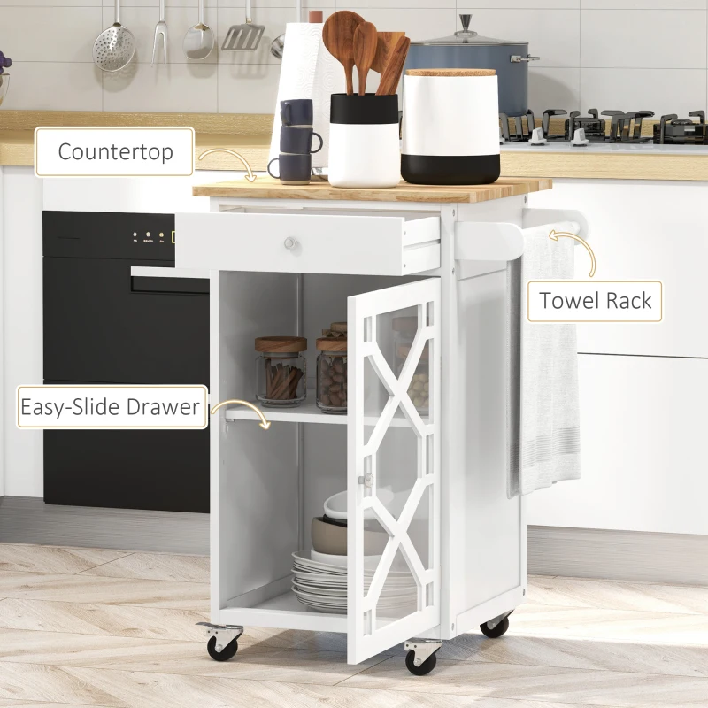HOMCOM Kitchen Cart on Wheels, Rolling Kitchen Island with Drawer, Glass Door, Towel Rack and Adjustable Shelf, White