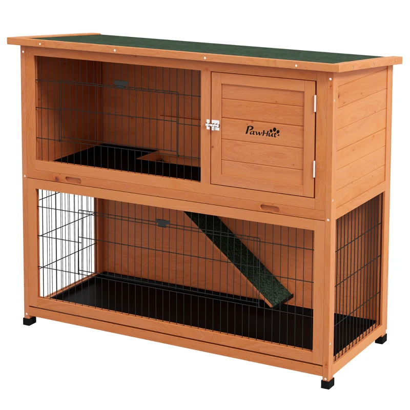 PawHut Wooden Rabbit Hutch with Trays, Ramp, Asphalt Roof, Doors for 1-2 Rabbits, 47" x 20" x 40", Orange