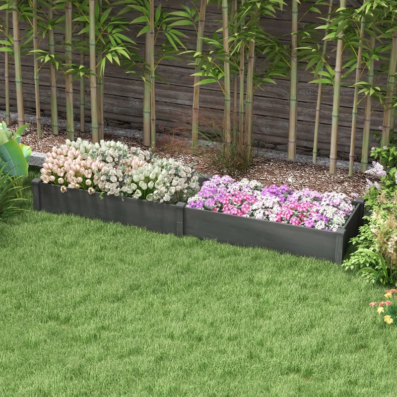 Outsunny 96" x 24" x 10" Wooden Raised Garden Bed with 2 Planter Boxes and Non-woven Fabric Liner for Patio, Gray