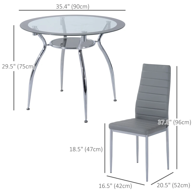 HOMCOM Dining Table Set for 4, Round Kitchen Table and Chairs, Glass Dining Room Table and PU Leather Upholstered Chairs