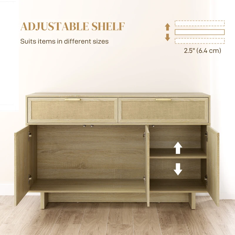 HOMCOM Boho Kitchen Sideboard Buffet Cabinet with Hinge Doors, Drawers and Adjustable Shelf for Living Room, Natural Wood