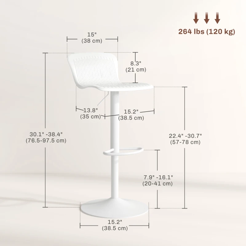 HOMCOM Polypropylene Bar Stools Set of 2, Swivel Barstools with Adjustable Height, Footrest and Backrest, White