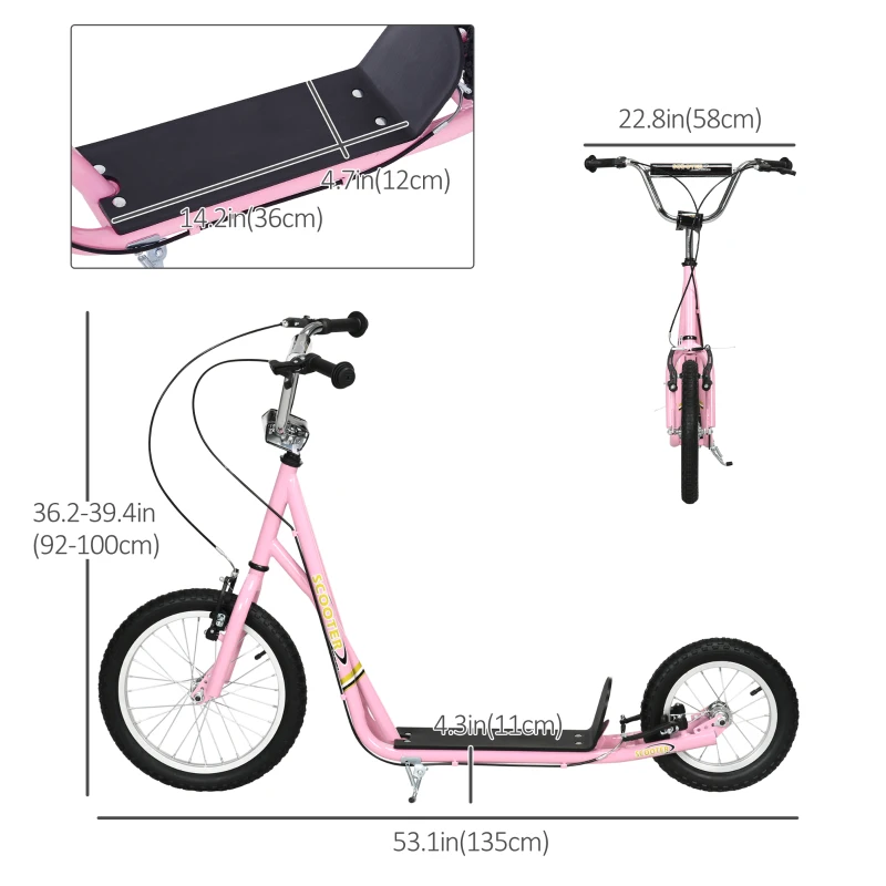 HOMCOM Kick Scooter for Children 5+ Years, Adjustable Height, with Large Inflatable Wheels, Dual Brakes - Pink